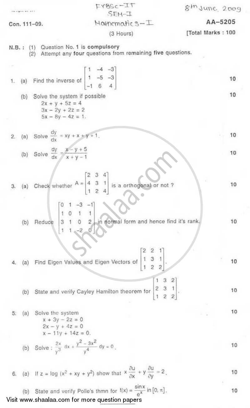 Mathematics 1 2008-2009 - B.Sc. - Semester 1 (FYBSc I.T) - University of Mumbai question paper with PDF download