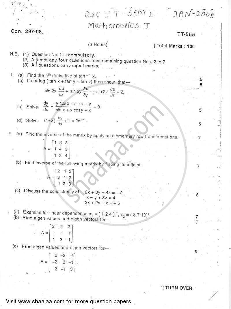 Mathematics 1 2008-2009 - B.Sc. - Semester 1 (FYBSc I.T) - University of Mumbai question paper with PDF download