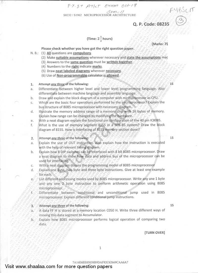Microprocessor Architecture 2017-2018 - B.Sc. - Semester 2 (FYBSc I.T) - University of Mumbai question paper with PDF download