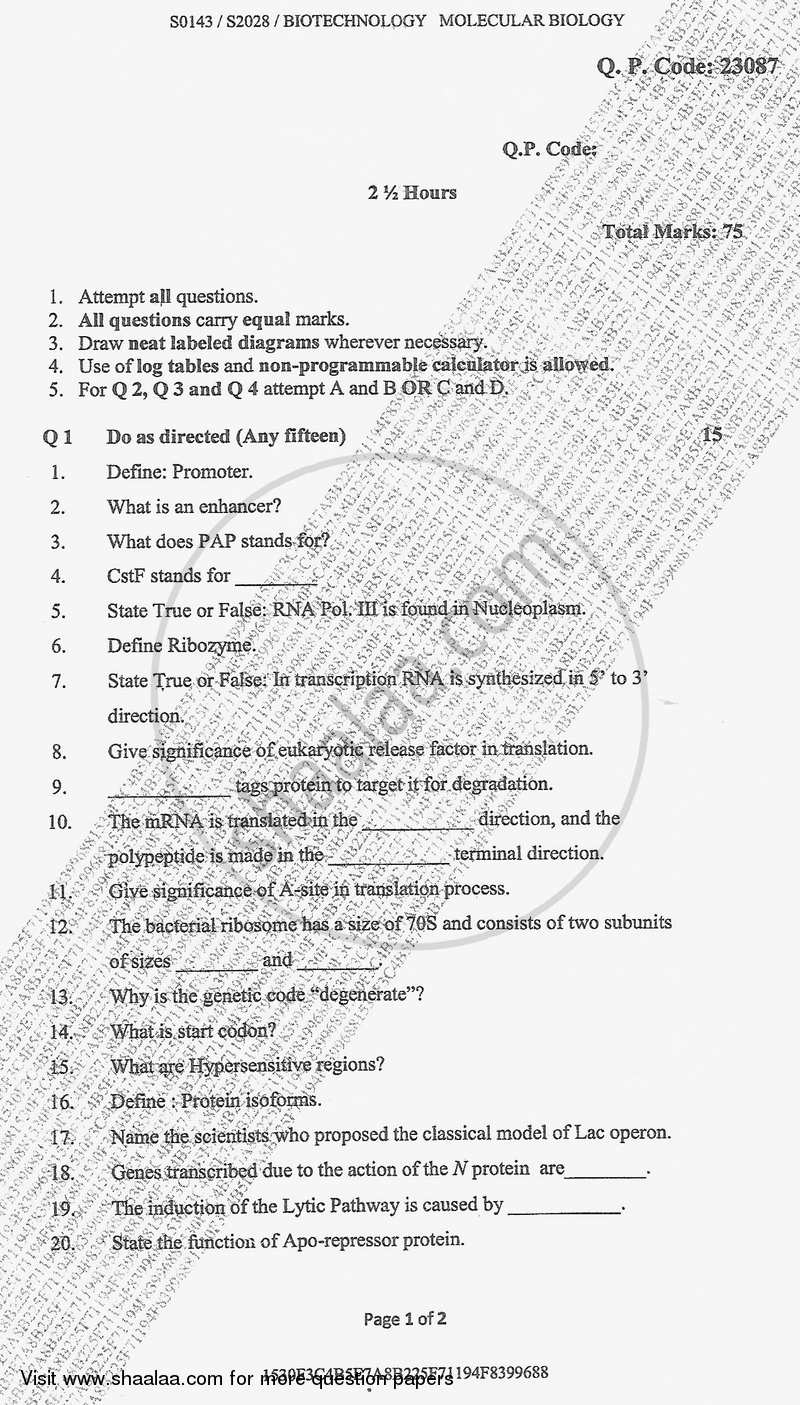 Molecular Biology 2017-2018 - B.Sc. - Semester 3 (SYBSc) - University of Mumbai question paper with PDF download