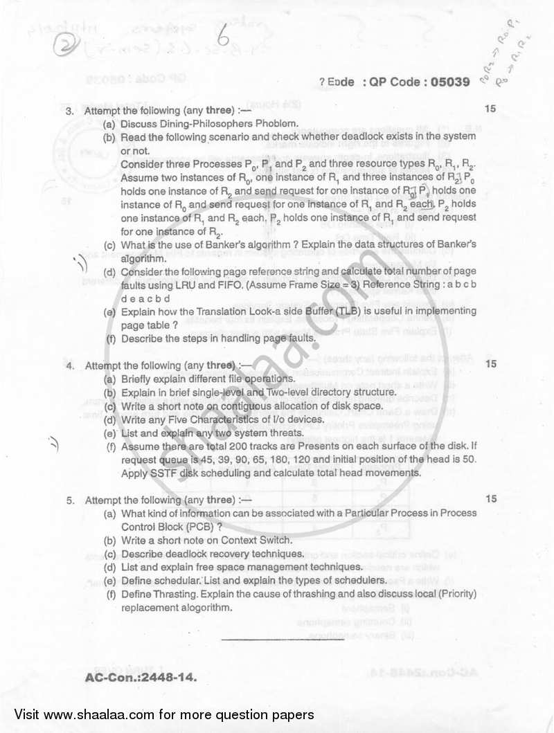 Operating Systems 2014-2015 - B.Sc. - Semester 5 (TYBSc) - University of Mumbai question paper with PDF download