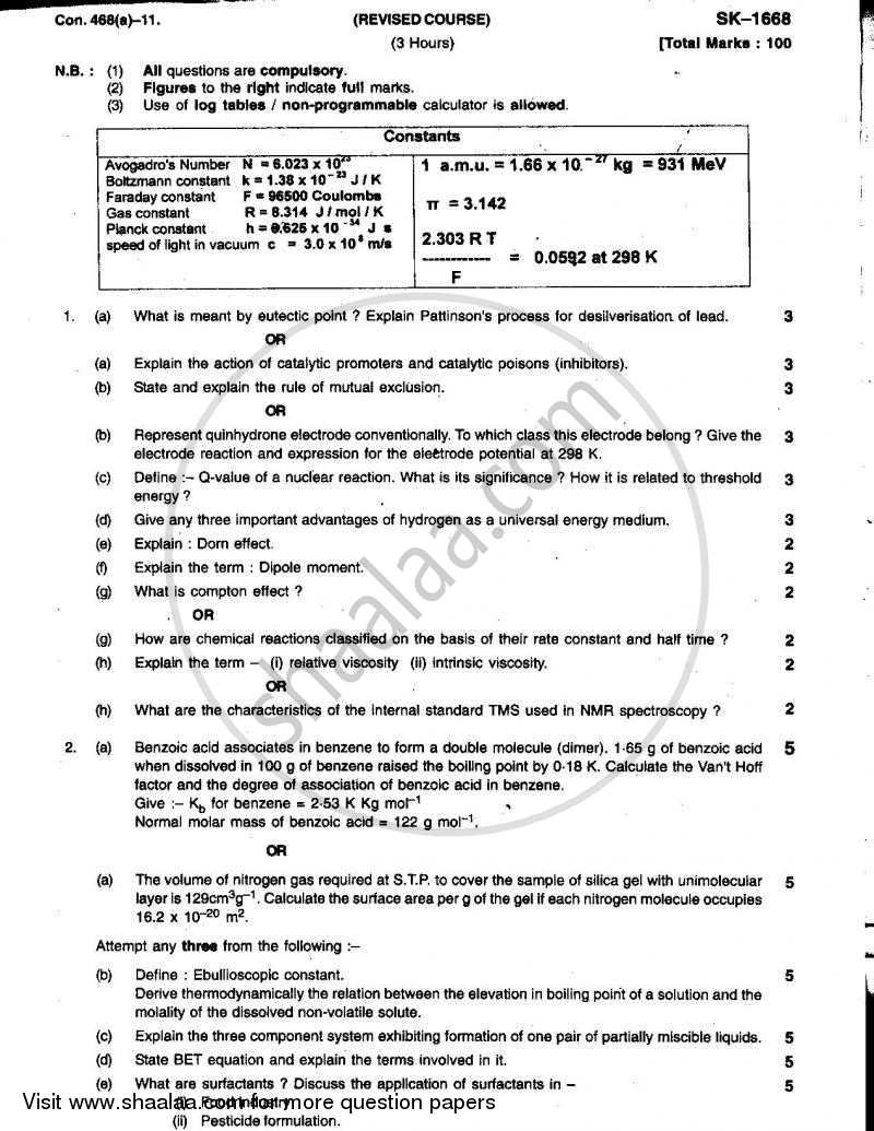 Physical Chemistry 2010-2011 - B.Sc. - Semester 5 (TYBSc) - University of Mumbai question paper with PDF download