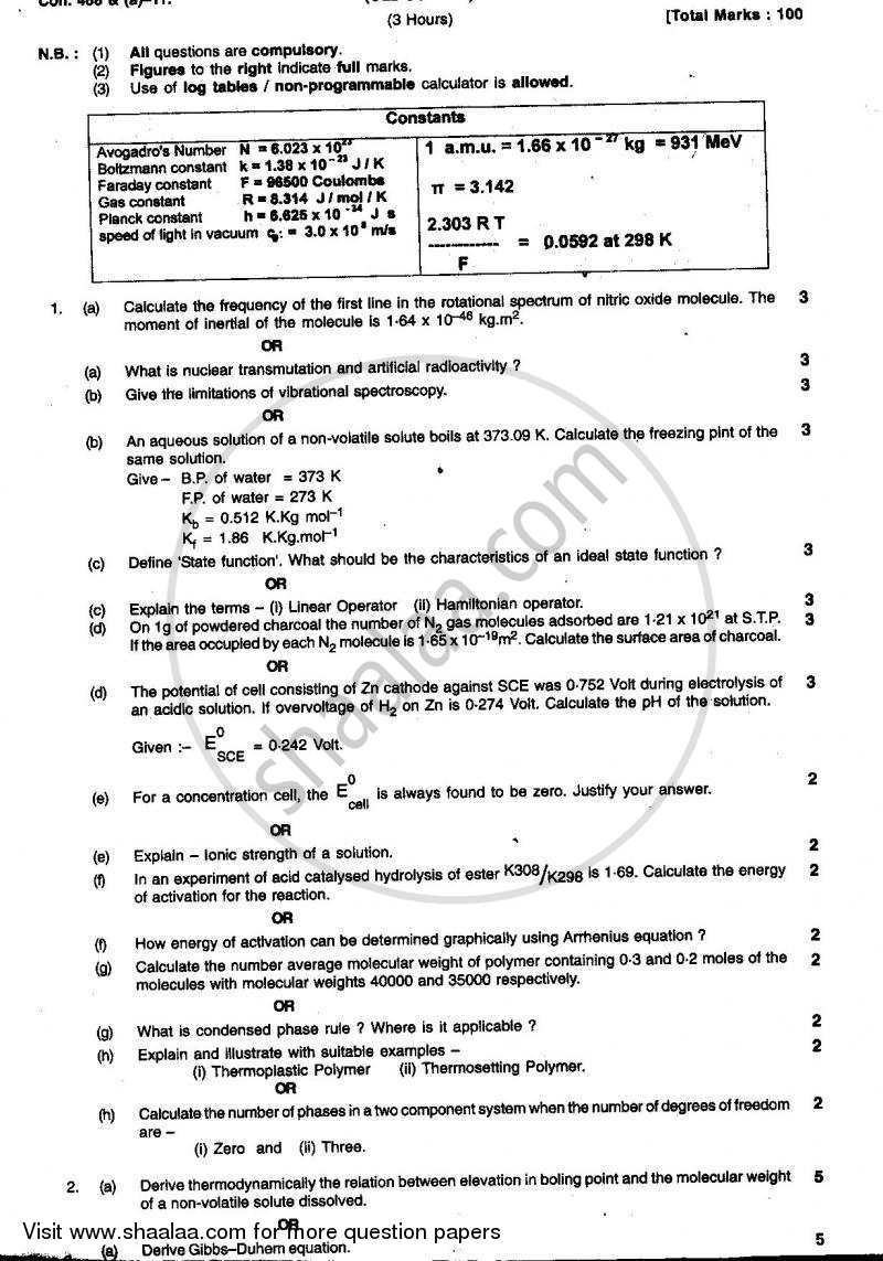 Physical Chemistry 2010-2011 - B.Sc. - Semester 5 (TYBSc) - University of Mumbai question paper with PDF download