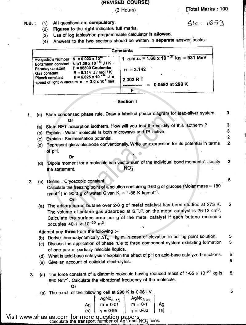 Physical and Inorganic Chemistry (3 Units) 2010-2011 - B.Sc. - Semester 5 (TYBSc) - University of Mumbai question paper with PDF download