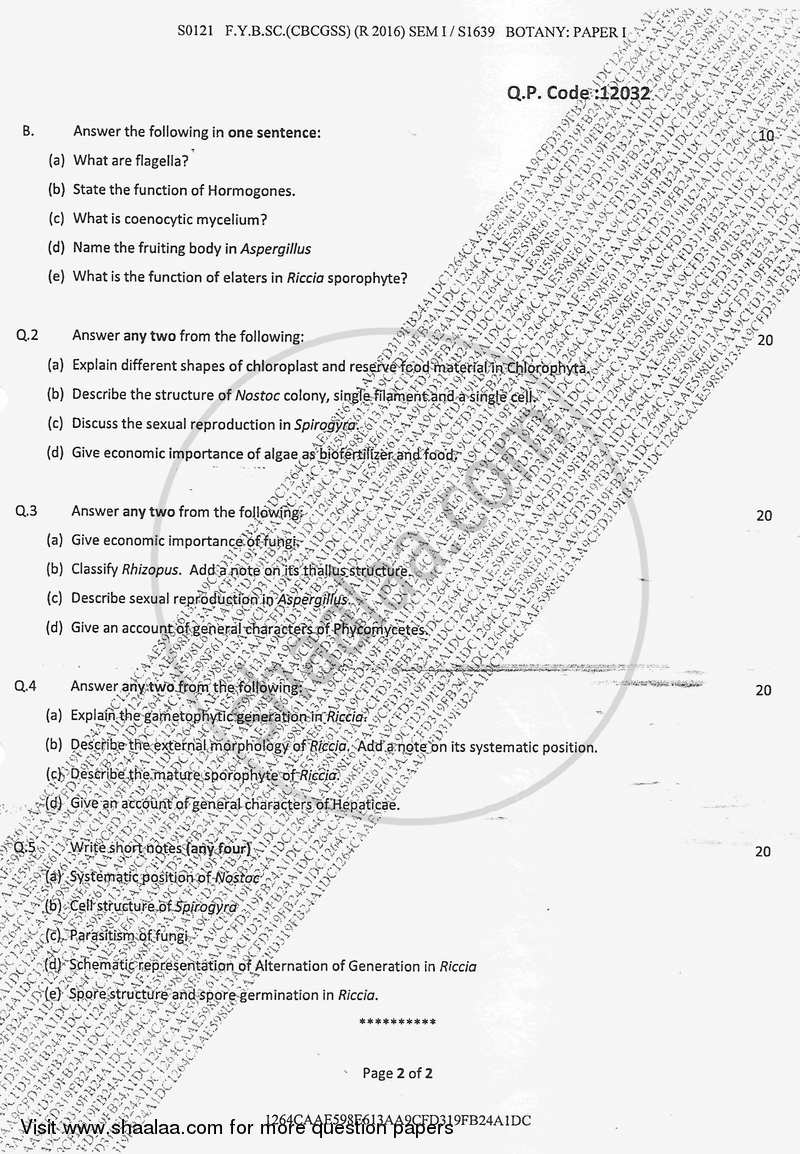 Plant Diversity 1 2017-2018 - B.Sc. - Semester 1 (FYBSc) - University of Mumbai question paper with PDF download