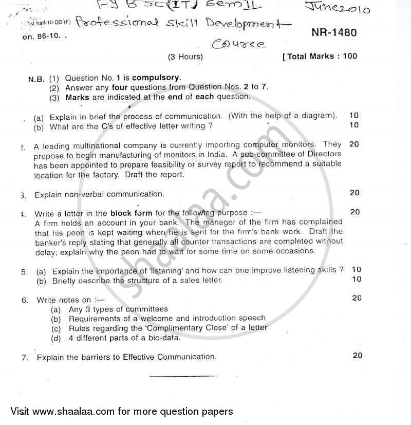 Professional Skill Development 2009-2010 - B.Sc. - Semester 2 (FYBSc I.T) - University of Mumbai question paper with PDF download