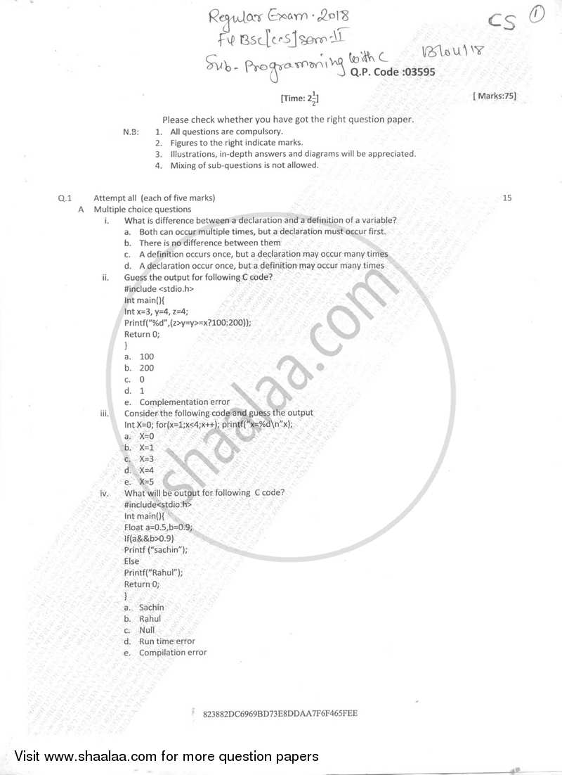 Programming with C 2017-2018 - B.Sc. - Semester 2 (FYBSc) - University of Mumbai question paper with PDF download