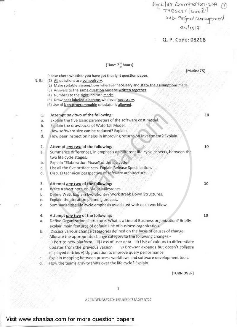 Project Management 2016-2017 - B.Sc. - Semester 6 (TYBSc I.T) - University of Mumbai question paper with PDF download