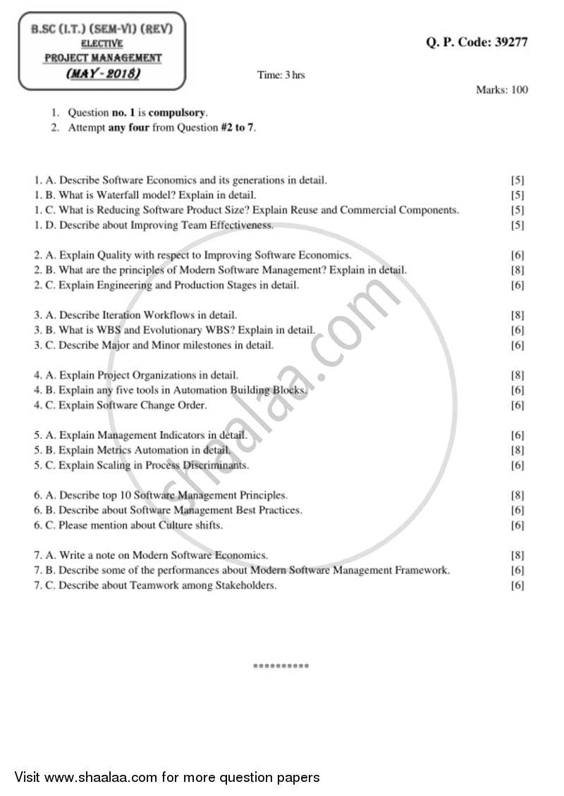 Project Management 2017-2018 - B.Sc. - Semester 6 (TYBSc I.T) - University of Mumbai question paper with PDF download