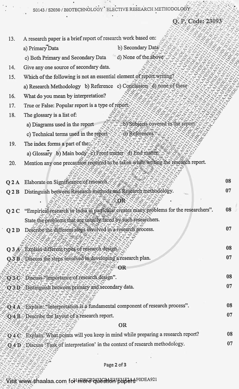 Research Methodology 2017-2018 - B.Sc. - Semester 3 (SYBSc) - University of Mumbai question paper with PDF download