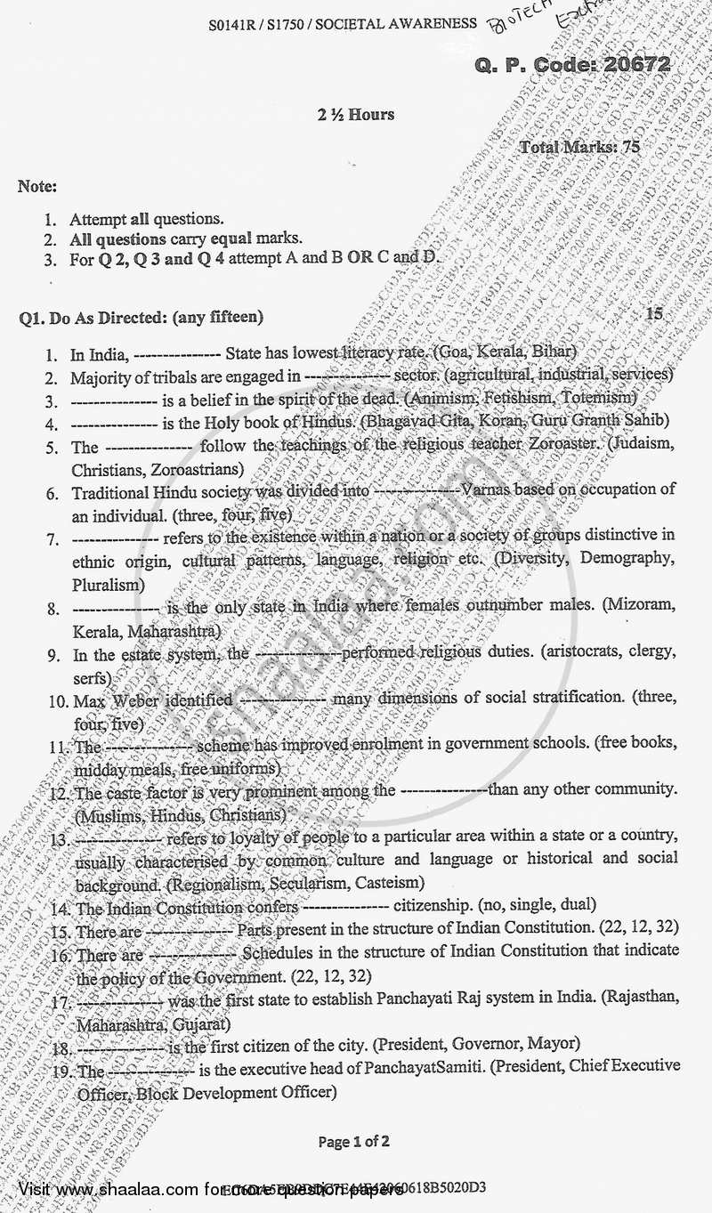 Societal Awareness 2017-2018 - B.Sc. - Semester 1 (FYBSc) - University of Mumbai question paper with PDF download