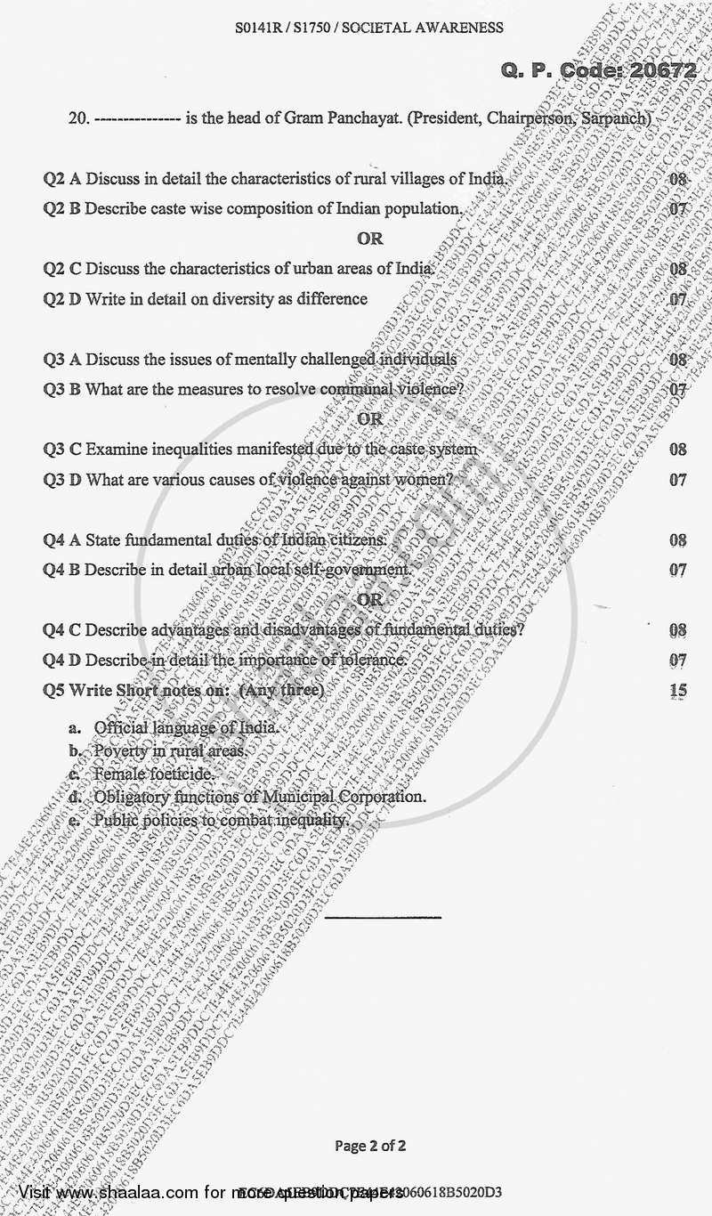 Societal Awareness 2017-2018 - B.Sc. - Semester 1 (FYBSc) - University of Mumbai question paper with PDF download