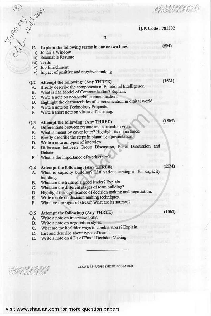 Soft Skills Development 2016-2017 - B.Sc. - Semester 1 (FYBSc) - University of Mumbai question paper with PDF download