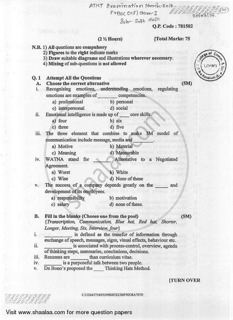 Soft Skills Development 2016-2017 - B.Sc. - Semester 1 (FYBSc) - University of Mumbai question paper with PDF download