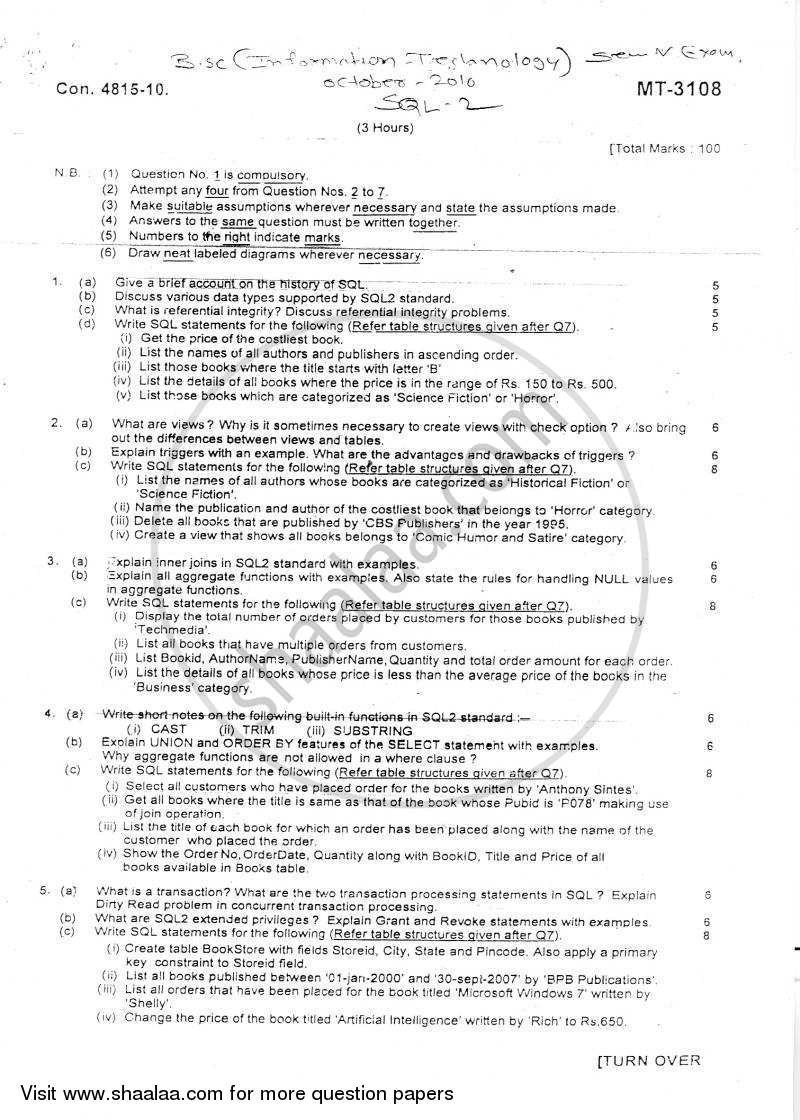 SQL 2 2010-2011 - B.Sc. - Semester 5 (TYBSc I.T) - University of Mumbai question paper with PDF download