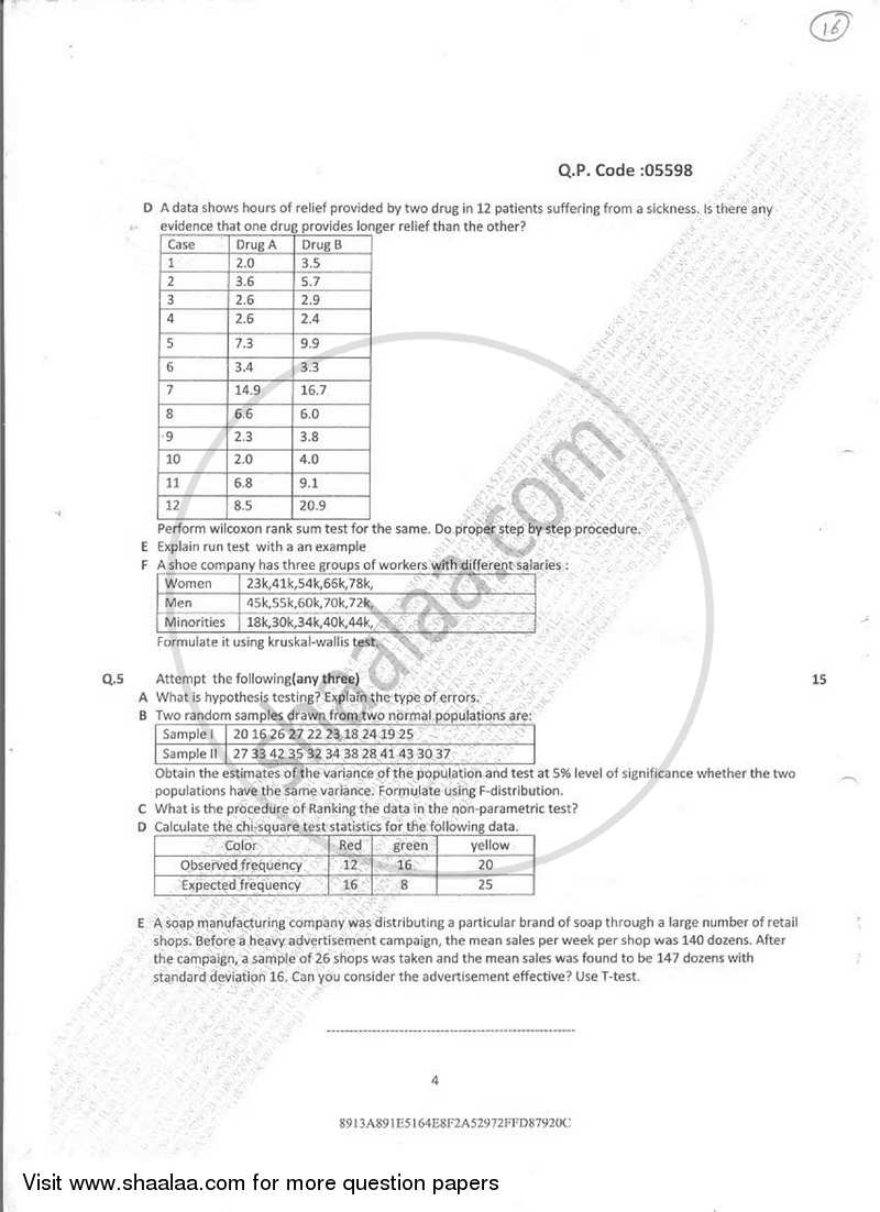 Statistical Methods and Testing of Hypothesis 2016-2017 - B.Sc. - Semester 2 (FYBSc) - University of Mumbai question paper with PDF download