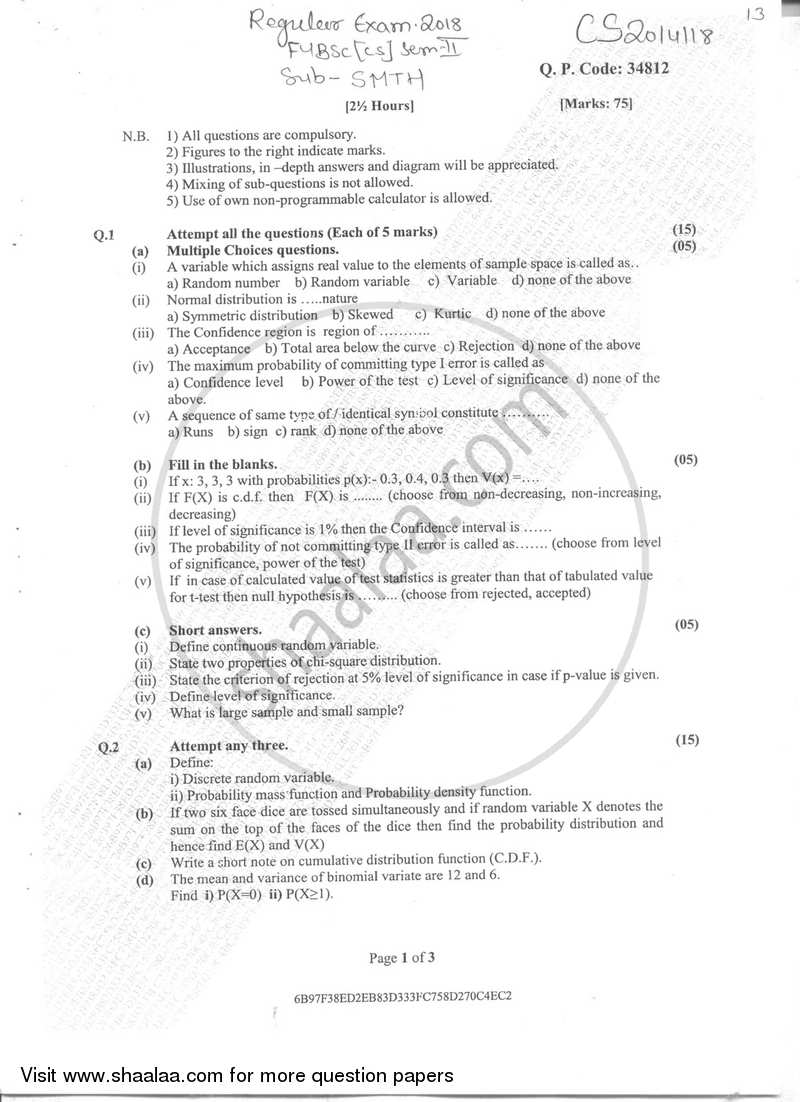 Statistical Methods and Testing of Hypothesis 2017-2018 - B.Sc. - Semester 2 (FYBSc) - University of Mumbai question paper with PDF download
