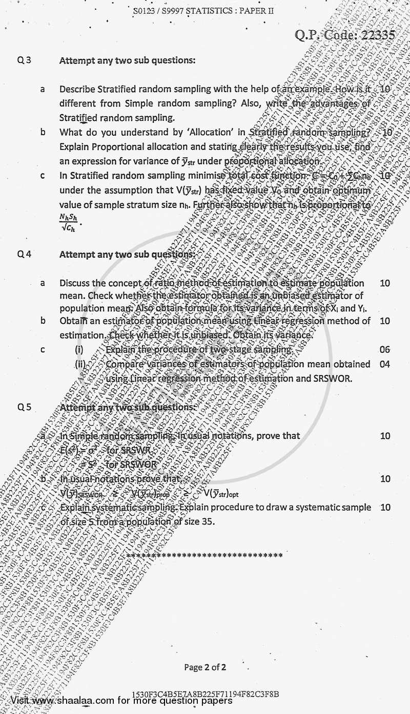 Theory of Sampling 2017-2018 - B.Sc. - Semester 3 (SYBSc) - University of Mumbai question paper with PDF download