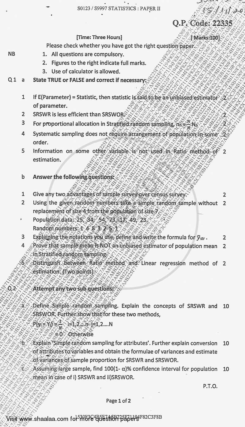 Theory of Sampling 2017-2018 - B.Sc. - Semester 3 (SYBSc) - University of Mumbai question paper with PDF download