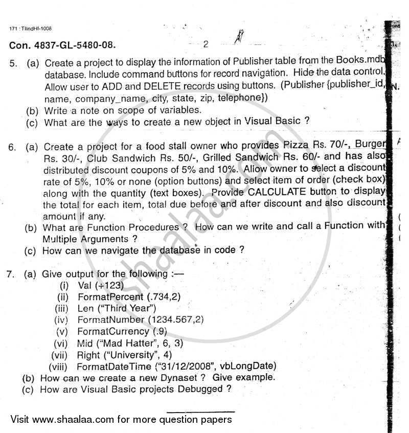 Visual Basic 6 2008-2009 - B.Sc. - Semester 5 (TYBSc I.T) - University of Mumbai question paper with PDF download