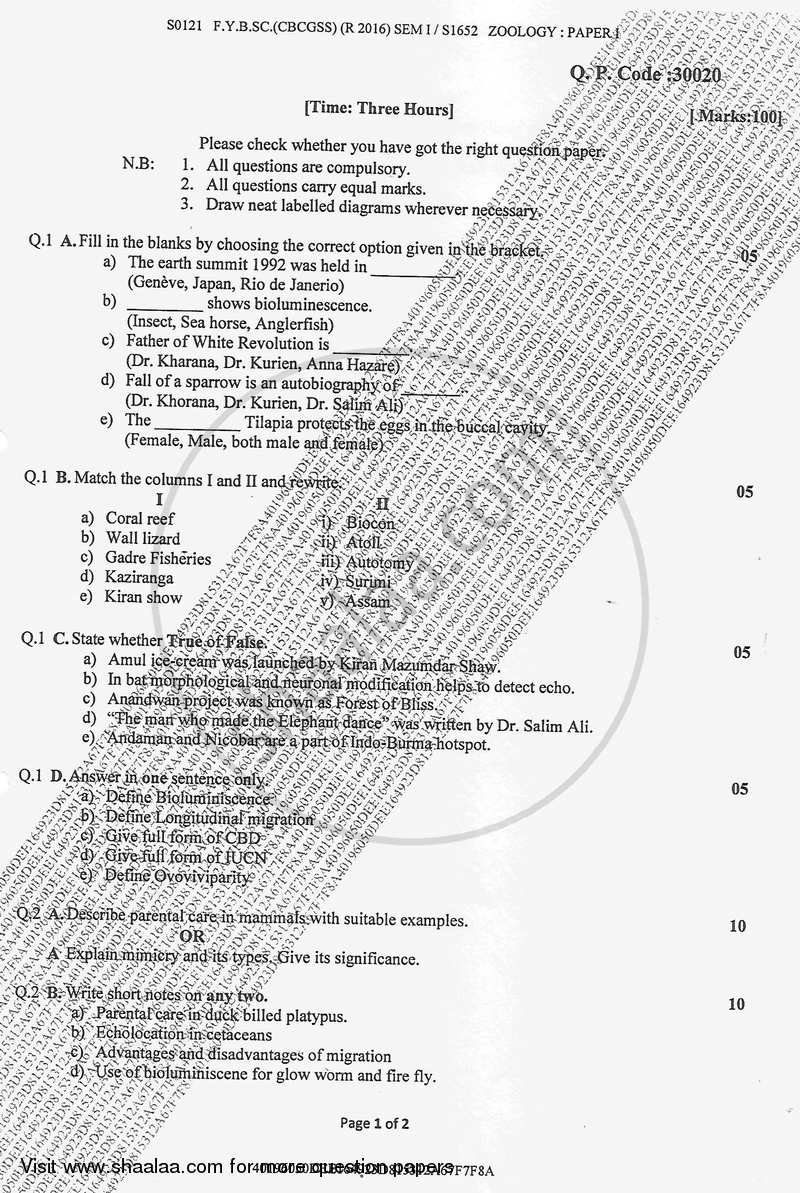Wonders of Animal World, Biodiversity and its Conservation 2017-2018 - B.Sc. - Semester 1 (FYBSc) - University of Mumbai question paper with PDF download