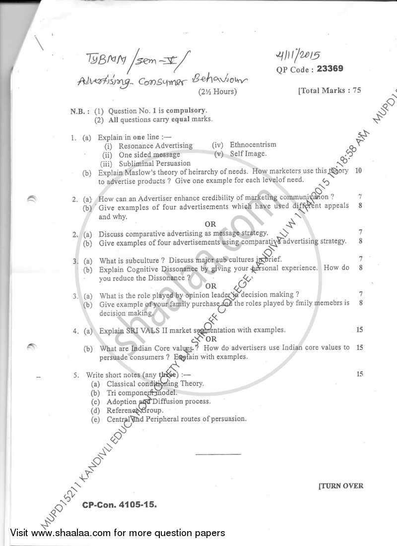Consumer Behaviour 2015-2016 Semester 5 - University of Mumbai question paper with PDF download