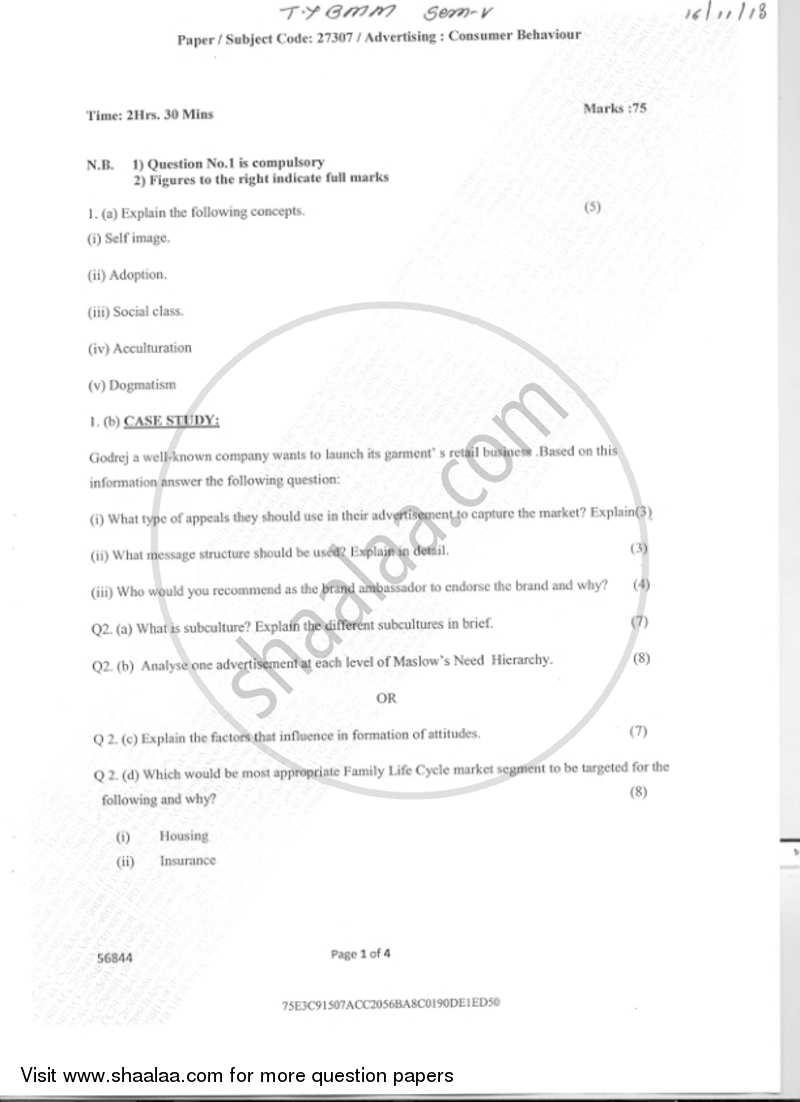 Consumer Behaviour 2018-2019 Semester 5 - University of Mumbai question paper with PDF download