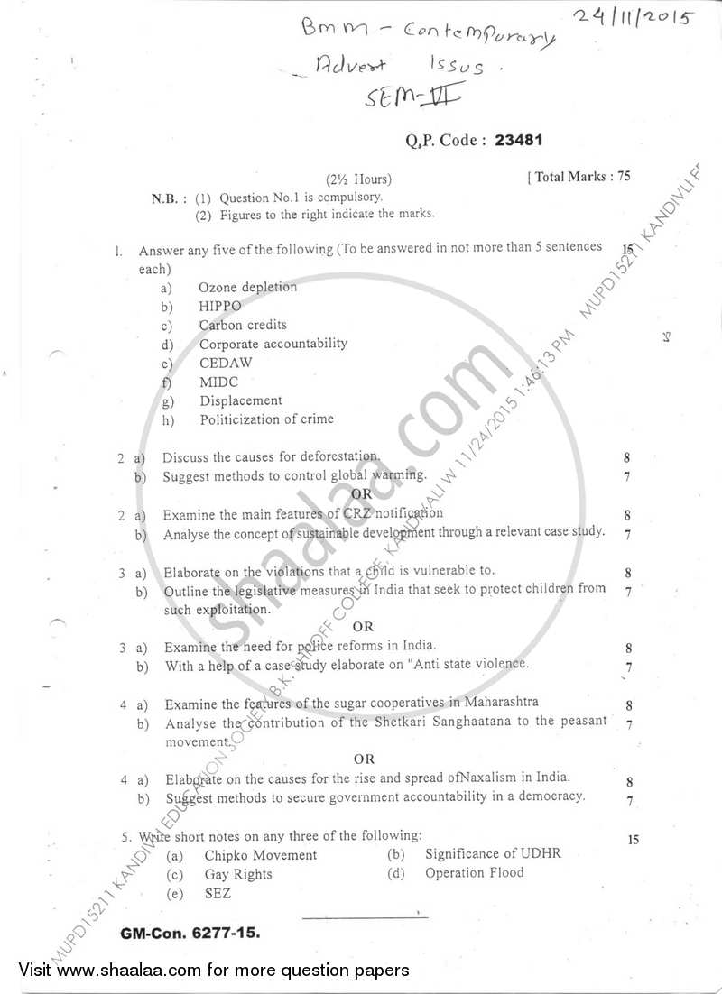 Contemporary Issues 2015-2016 Semester 6 - University of Mumbai question paper with PDF download