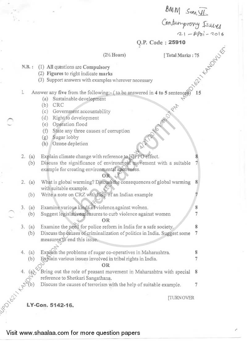 Contemporary Issues 2015-2016 Semester 6 - University of Mumbai question paper with PDF download