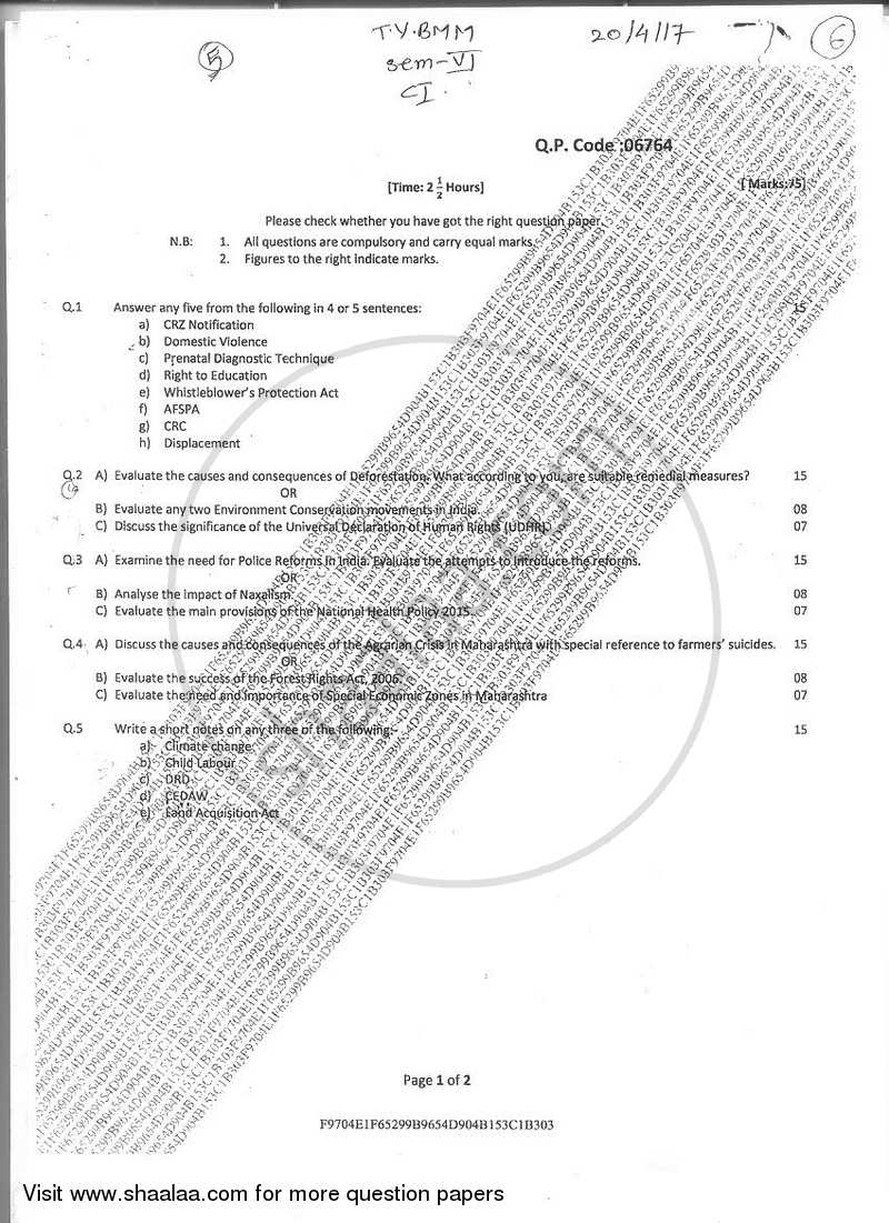 Contemporary Issues 2016-2017 Semester 6 - University of Mumbai question paper with PDF download