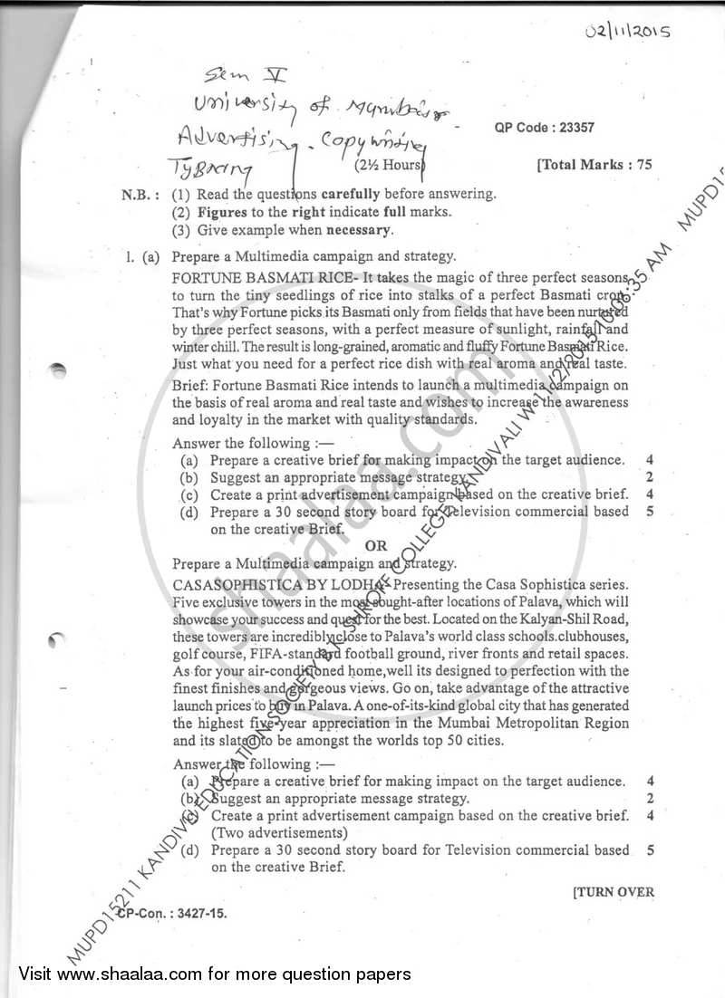Copywriting 2015-2016 Semester 5 - University of Mumbai question paper with PDF download