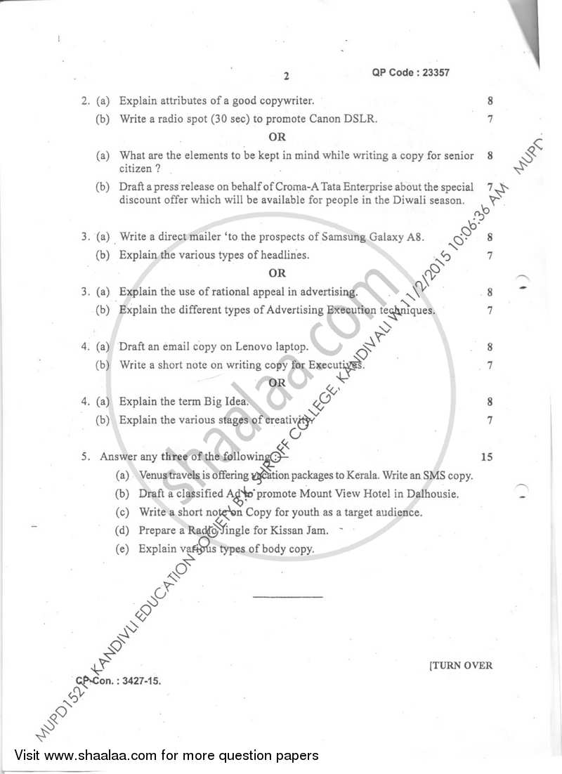 Copywriting 2015-2016 Semester 5 - University of Mumbai question paper with PDF download