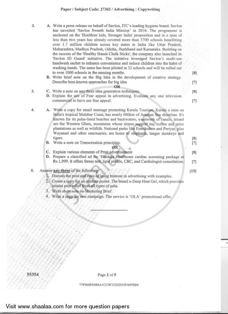 Copywriting 2018-2019 Semester 5 - University of Mumbai question paper with PDF download
