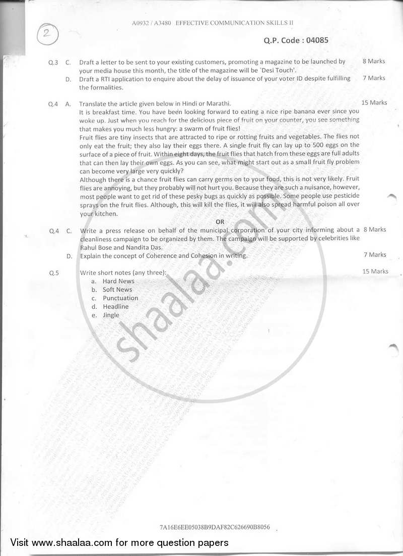 Effective Communication Skills 2 2017-2018 Semester 2 - University of Mumbai question paper with PDF download