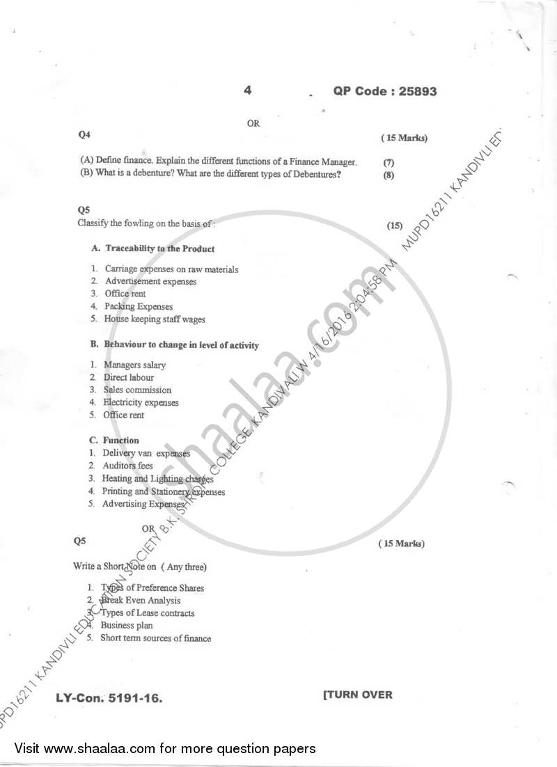 Financial Management for Marketing and Advertising 2015-2016 Semester 6 - University of Mumbai question paper with PDF download