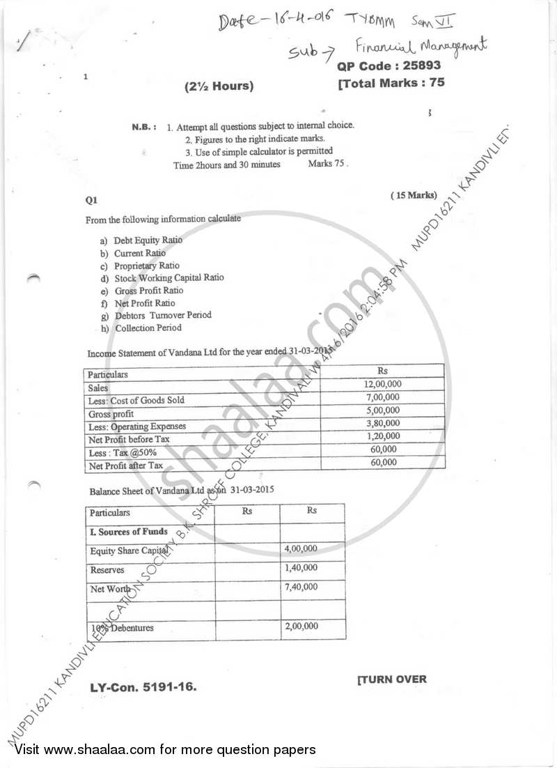 Financial Management for Marketing and Advertising 2015-2016 Semester 6 - University of Mumbai question paper with PDF download