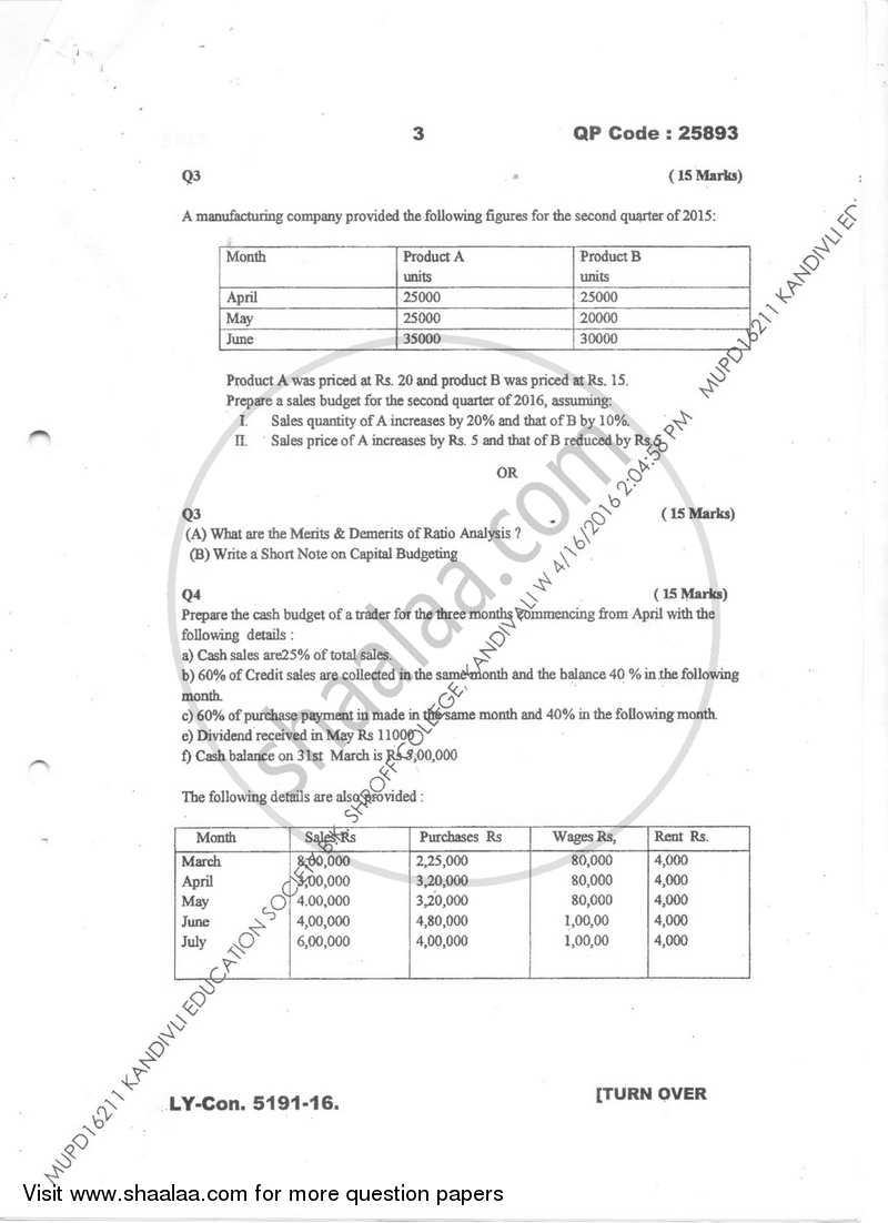 Financial Management for Marketing and Advertising 2015-2016 Semester 6 - University of Mumbai question paper with PDF download