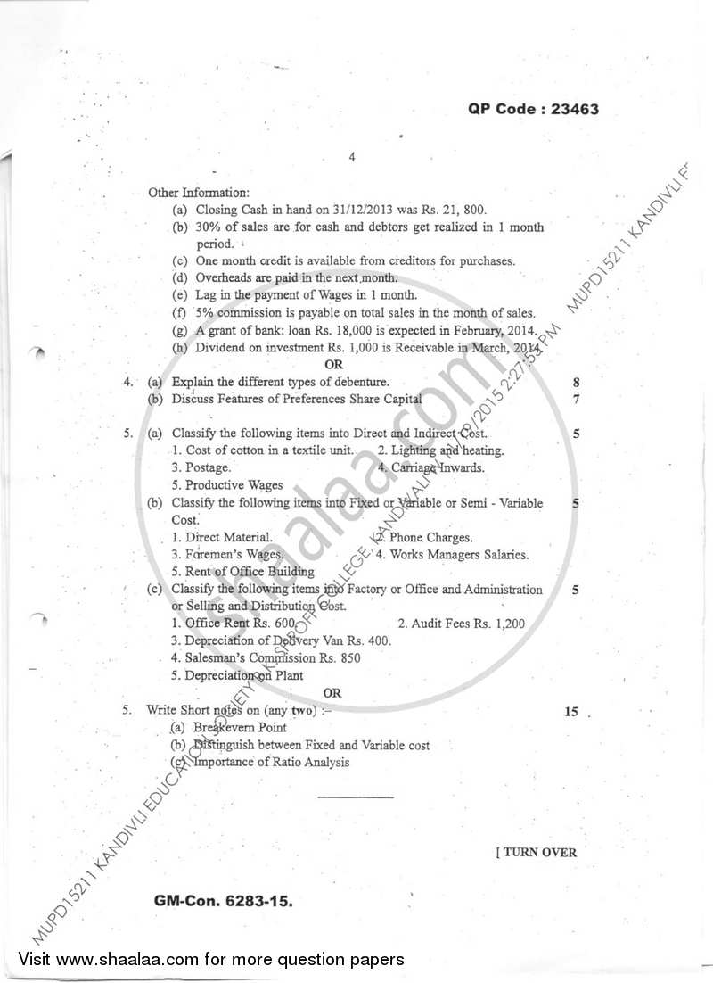 Financial Management for Marketing and Advertising 2015-2016 Semester 6 - University of Mumbai question paper with PDF download