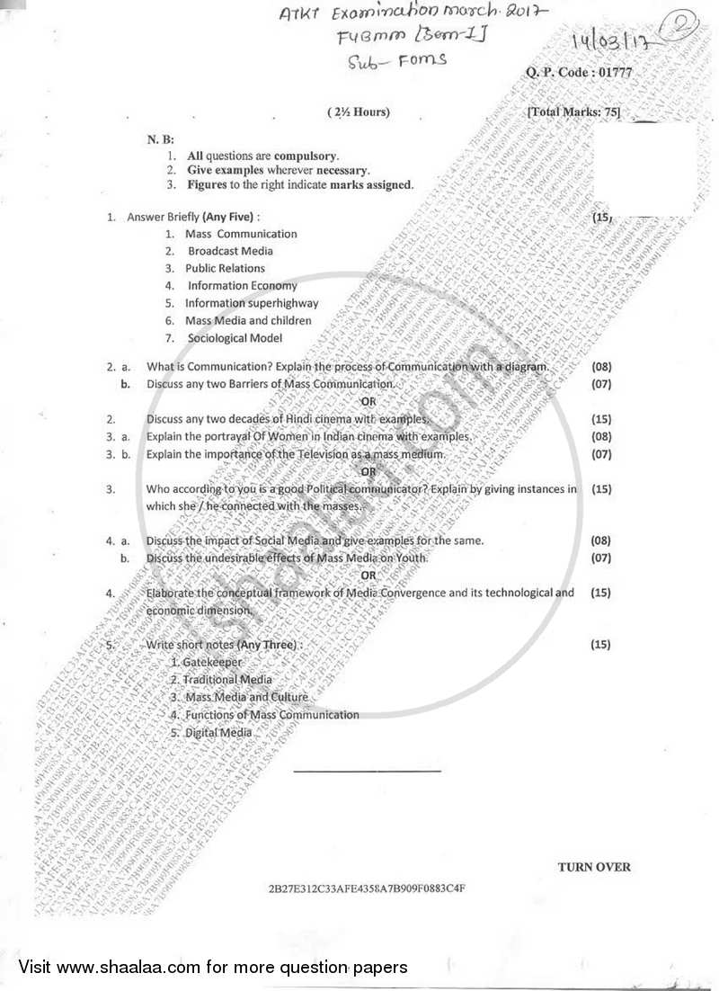 Fundamentals of Mass Communication 2016-2017 Semester 1 - University of Mumbai question paper with PDF download