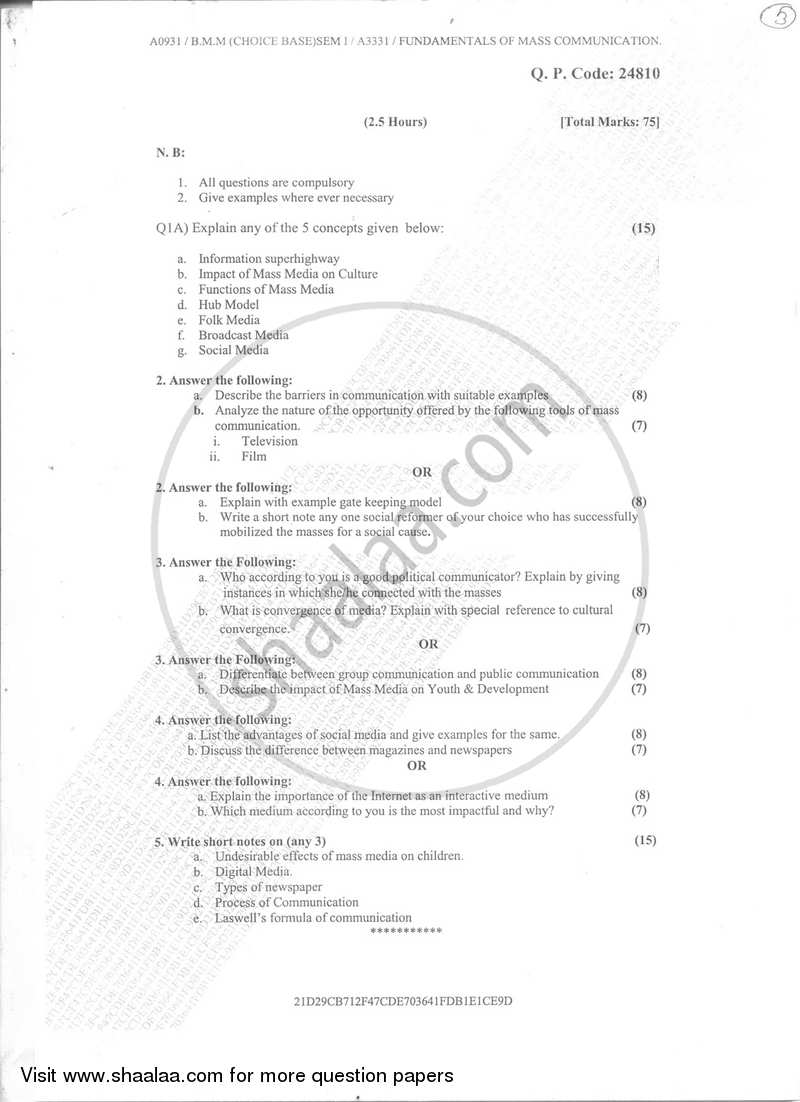 Fundamentals of Mass Communication 2017-2018 Semester 1 - University of Mumbai question paper with PDF download