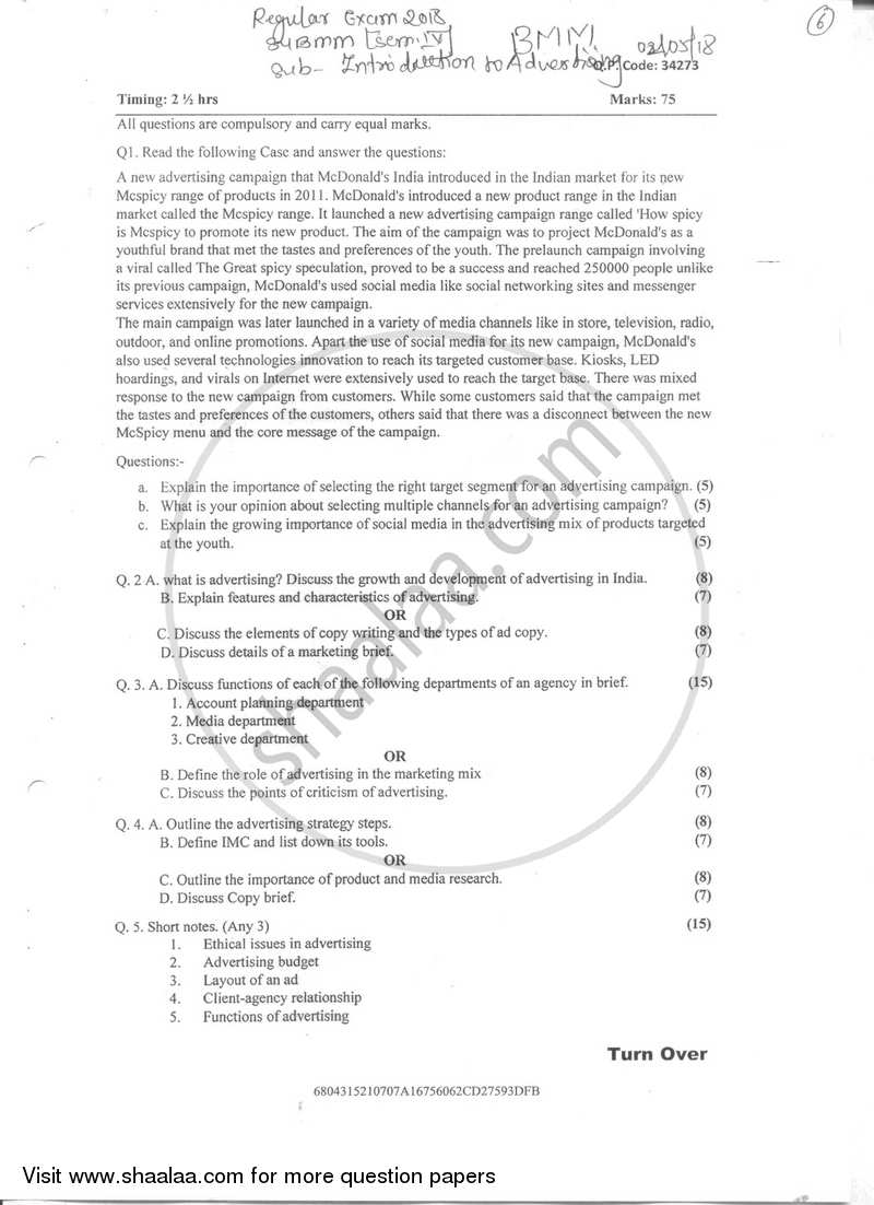 Introduction to Advertising 2017-2018 Semester 4 - University of Mumbai question paper with PDF download