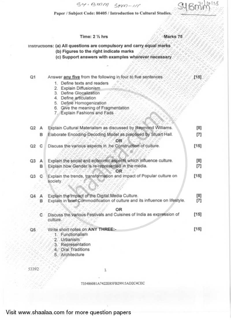 Introduction to Culture Studies 2018-2019 Semester 3 - University of Mumbai question paper with PDF download