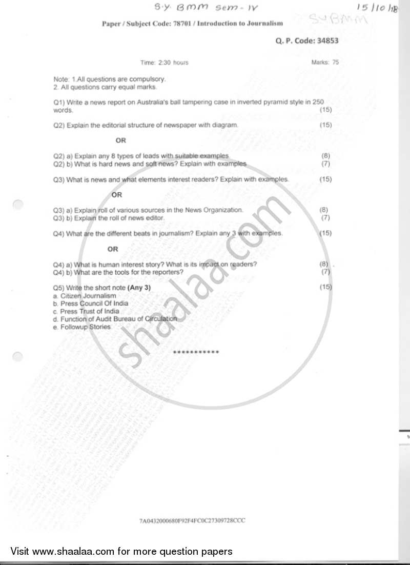 Introduction to Journalism 2018-2019 Semester 4 - University of Mumbai question paper with PDF download