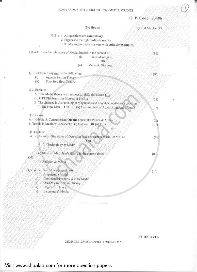 Introduction to Media Studies 2017-2018 Semester 3 - University of Mumbai question paper with PDF download