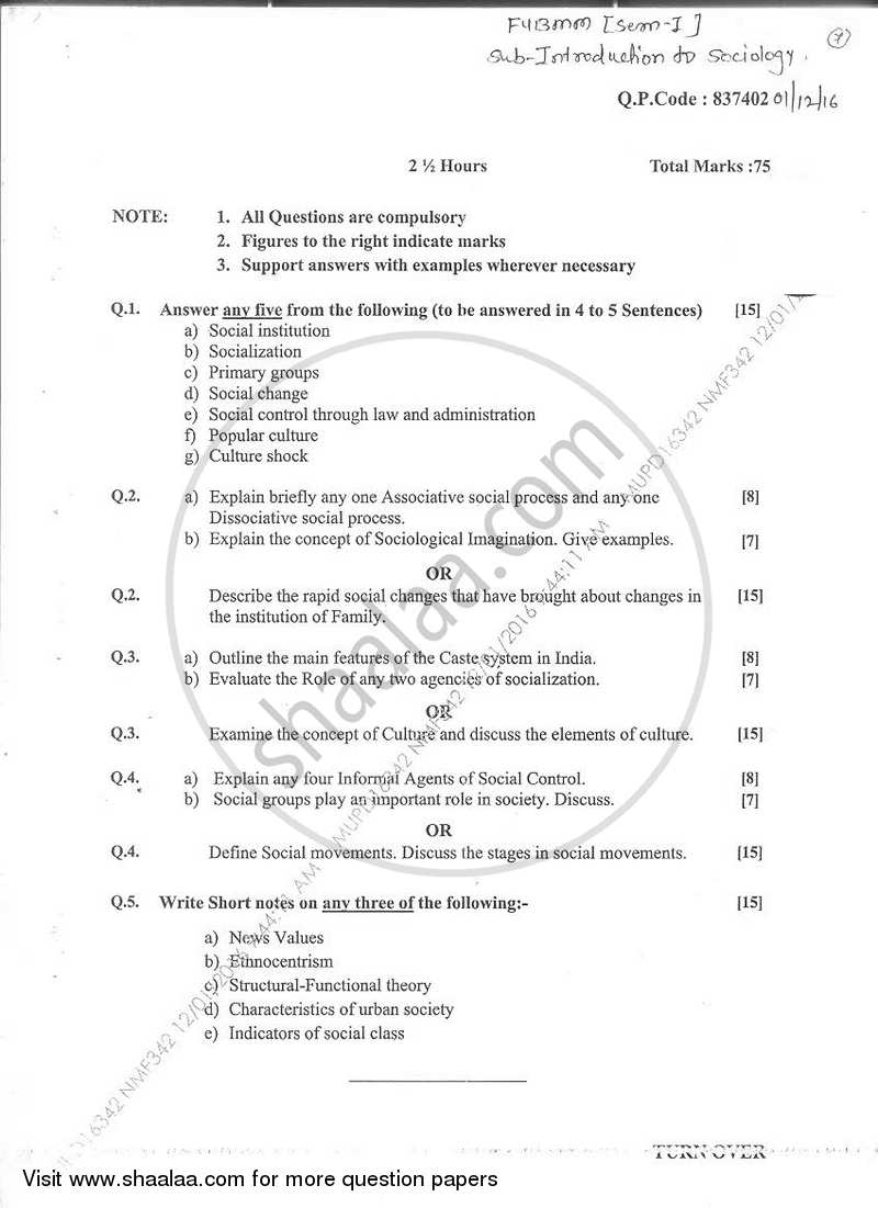 Introduction to Sociology, the Sociology of News and Social Movements in India 2016-2017 Semester 1 - University of Mumbai question paper with PDF download