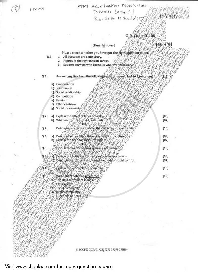 Introduction to Sociology, the Sociology of News and Social Movements in India 2016-2017 Semester 1 - University of Mumbai question paper with PDF download