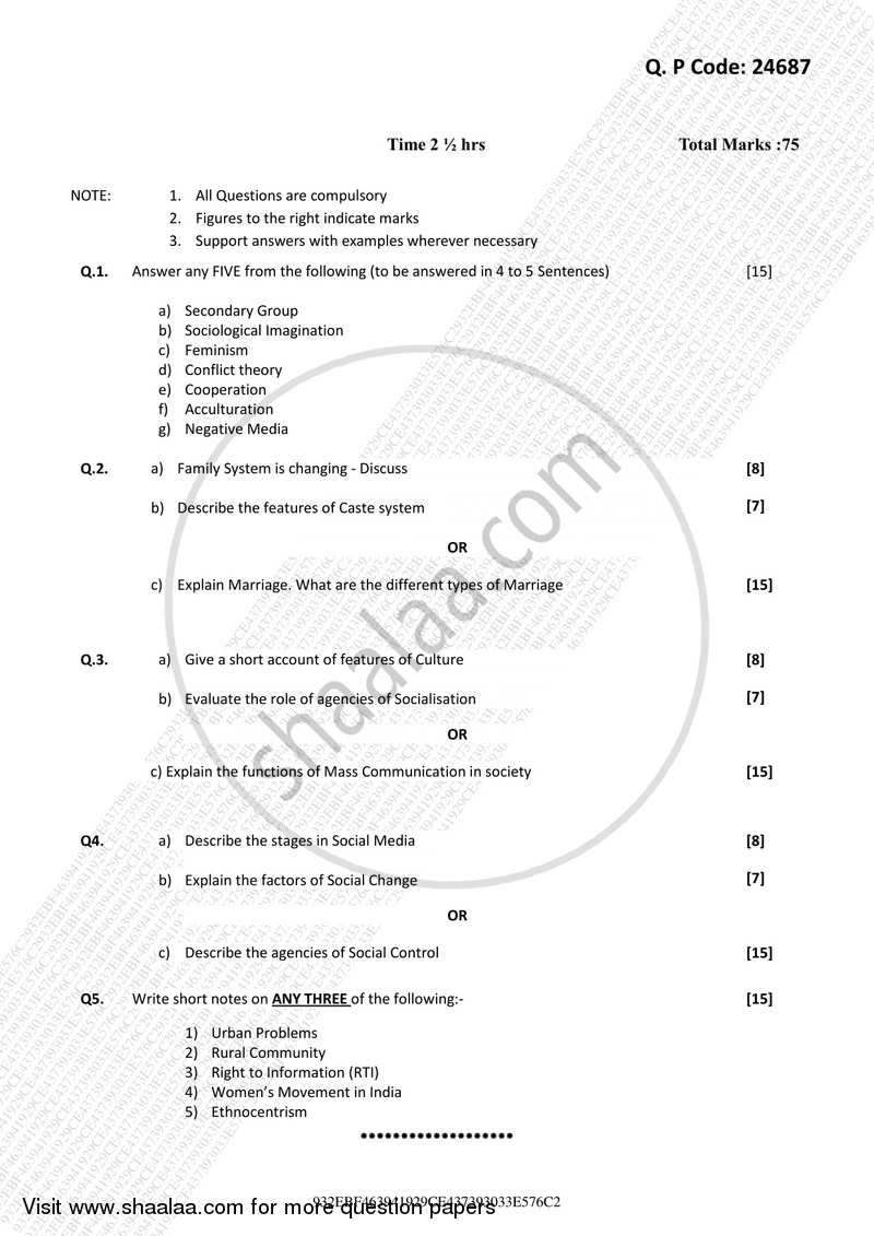 Introduction to Sociology, the Sociology of News and Social Movements in India 2017-2018 Semester 1 - University of Mumbai question paper with PDF download