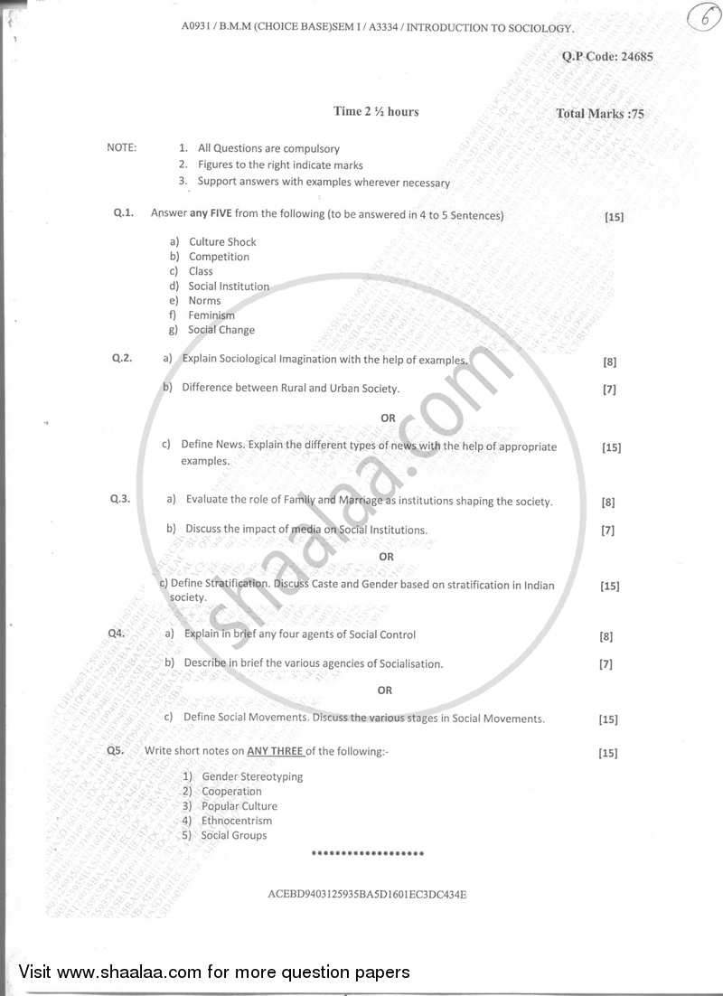 Introduction to Sociology, the Sociology of News and Social Movements in India 2017-2018 Semester 1 - University of Mumbai question paper with PDF download