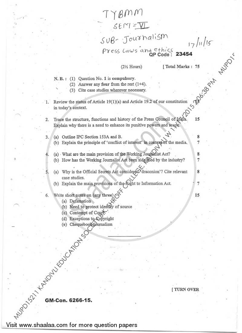 Journalism Paper 1 Press Law and Ethics 2015-2016 Semester 6 - University of Mumbai question paper with PDF download