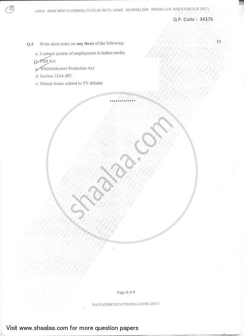 Journalism Paper 1 Press Law and Ethics 2017-2018 Semester 6 - University of Mumbai question paper with PDF download